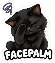 A chibi sticker of a black long-haired cat doing a facepalm, captioned FACEPALM
